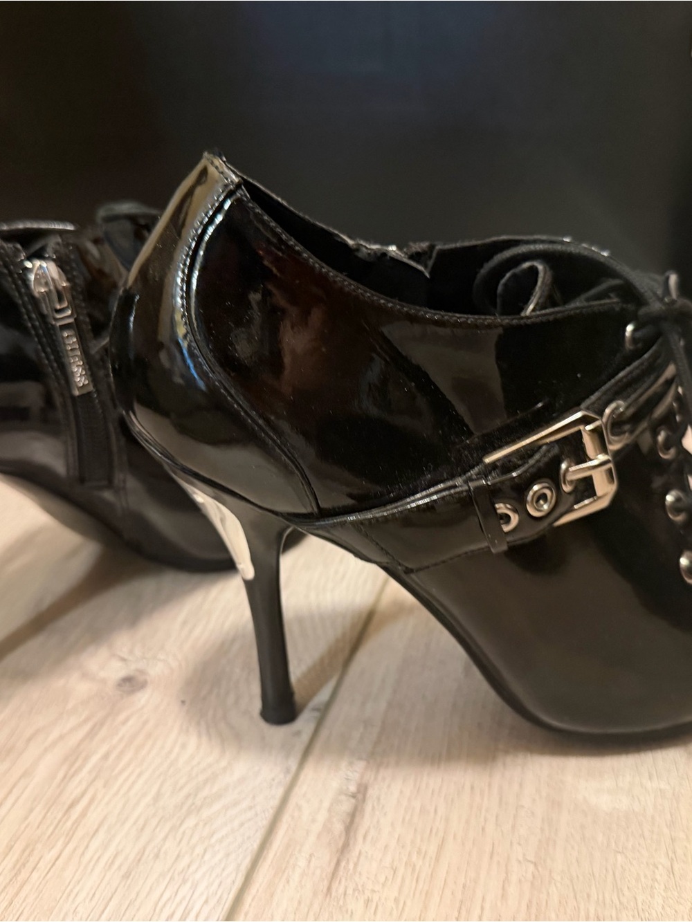 GUESS Black Patent Pointed Lace-Up Ankle Boots - Picture 5 of 6